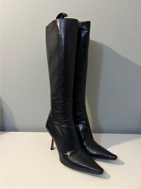 Jimmy Choo Black Leather Over-the-Knee Pointed Toe Stiletto Boots